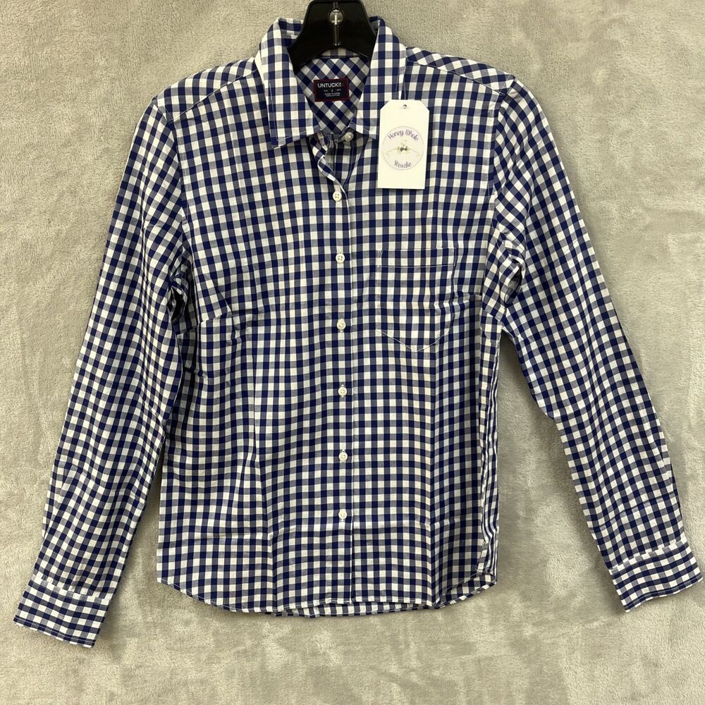 Untuckit Shirt Women’s 2 XS Blue Gingham Plaid Button Up Top New Cotton